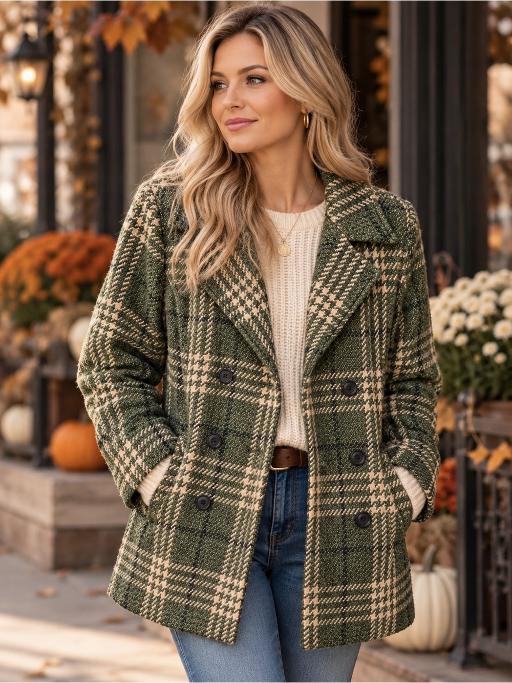 Vintage Northern Reflections Plaid Wool Blend Pea Coat Size Large